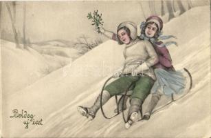 Boldog Újévet! / New Year greeting art postcard with sledding women, winter sport. V. K. Vienne 5377. + IV. Károly király koronázása napján 1916. dec. 30. Budapest So. Stpl. (EK)