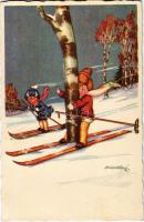 Children skiing, humour, winter sport art postcard. 1951-4. artist signed