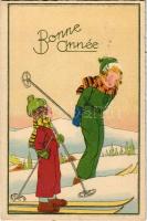Bonne Année / New Year greeting art postcard, winter sport, skiing girls. EKO 902/5.