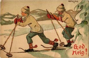 God Helg! / Have a nice weekend! Norwegian winter sport art postcard, skiing. Granbergs Konstindustri No. 2079. s: Adina Sand (crease)