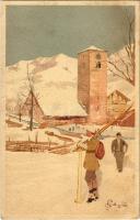 Skiing, winter art postcard. Vouga & Cie. No. A. 2. s: Migioni (EK)
