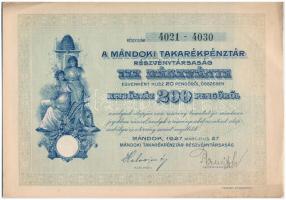 Mándok 1927. "Mándoki Takarékpénztár Részvénytársaság" tíz részvénye egyben, összesen 200P (2x) sorszámkövetők T:II fo. kis beszakadások