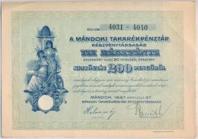 Mándok 1927. "Mándoki Takarékpénztár Részvénytársaság" tíz részvénye egyben, összesen 200P...