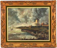 Olvashatatlan jelzéssel: Holland tengerpart. Olaj, farost. Díszes, sérült fa keretben, 40x50 cm