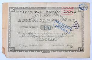 Budapest 1921. Király Automobil Részvénytársaság részvénye 200K-ról szelvényekkel, szárazpecséttel, felülbélyegzéssel T:III szakadás fo.