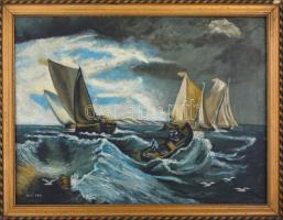 Olvashatatlan jelzéssel (olasz festő?): Vitorlások viharban. Olaj, vászon. Sérült fa keretben. 59x78...