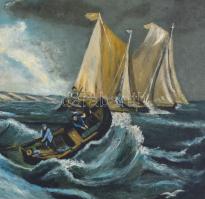 Olvashatatlan jelzéssel (olasz festő?): Vitorlások viharban. Olaj, vászon. Sérült fa keretben. 59x78...