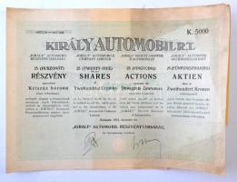 Budapest 1923. Király Automobil R.T. 25 részvénye egyenként 200K-ról, szelvényekkel, szárazpecséttel T:III beszakadások fo.
