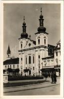 Marosvásárhely, Targu Mures; Görög katolikus templom, Tankó és Fritsch Izidor üzlete a kék golyóhoz / Greek Catholic church, shops