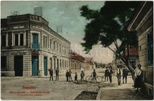 1908 Pancsova, Pancevo; Starcsovai utca, Tatarik Dosan üzlete, kerékpáros. Miloszavljevics Vazul kiadása / Starcsovaer Gasse / street, shop, man with bicycle