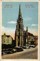 1942 Újvidék, Novi Sad; Rim. kat. crkva / Római katolikus templom, automobil, lovaskocsik / Catholic church, automobile, horse-drawn carriages (EK)