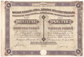 Budapest 1926. "Magyar Kender-, Len- és Jutaipar Részvénytársaság" részvénye 40P értékben, szárazpecséttel, szelvényekkel T:III beszakadásokkal, lyukas, fo.