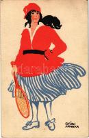 1926 Teniszező hölgy művészlap. Diana krém reklám a hátoldalon / Tennis playing lady. Hungarian art postcard, sport, creme advertising s: Győri Aranka