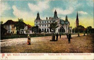 1909 Igló, Zipser Neudorf, Spisská Nová Ves; Redoute, színház, katolikus plébániatemplom és faipari szakiskola. Feitzinger Ede 709. A. J. / Theater, kath. Pfarrkirche u. Holzindustrieschule / theatre, Catholic church, wood industry school, woodworking school