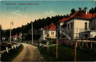 1914 Bártfa, Bártfafürdő, Bardejovské Kúpele, Bardiov, Bardejov; Erzsébet királyné körút, szálloda, nyaraló. Birnbaum S. N. kiadása / street view, boulevard, hotel, villa