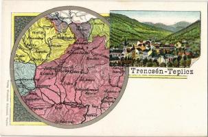 Trencsénteplic, Trencianske Teplice; látkép, fürdő, térkép. Wertheim Zsigmond kiadása / spa, bath, map. Art Nouveau, litho