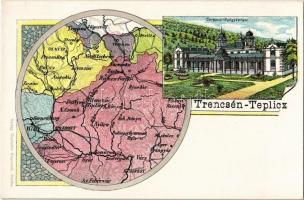 Trencsénteplic, Trencianske Teplice; Gyógyterem, fürdő, térkép. Wertheim Zsigmond kiadása / spa, bath, map. Art Nouveau, litho