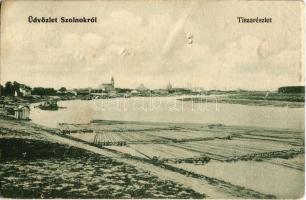 1907 Szolnok, Tisza-part, faúsztatás, templomok, zsinagóga (EB)