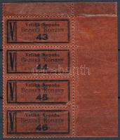 1938 Kárpátalja Velika Kopana szlovák-ruszin kétnyelvű ragjegy ívsarki négyestömbben / Bilingual R-label corner block of 4