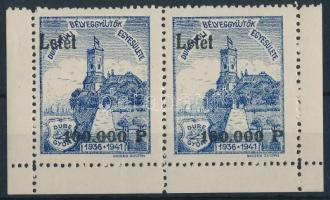 1941 DUBE-Győr kék színű levélzáró pár 100.000 Pengő letét felülnyomással, nagyon ritka! / label pair with overprint, rare!