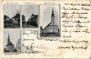 1905 Jasenovac, Gornja glavna ulica, dolnja glavna ulica, Katolicka crkva, Pravoslavna crkv / streets, Catholic and old Serbian Orthodox churches. Art Nouveau (EB)