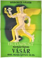 1942 Konecsni György (1908-1970): Budapesti Nemzetközi Vásár plakát, jelzett, bélyeggel, hajtott, 91×62 cm