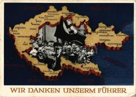 Wir danken unserm Führer / NSDAP German Nazi Party propaganda, Adolf Hitler, Konrad Henlein, map of the Czech Republic, swastika. 6 Ga. (EK)