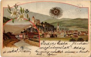 1901 Town-view art postcard, Art Nouveau, litho (tear)