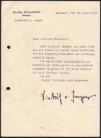 1943 Dietrich von Jagow (1892-1945) magyarországi náci német követ saját kézzel aláírt levele, melyben megköszöni a Palatinus strandra kapott ingyen-belépőt, 1943. április 28.