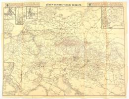 cca 1910 Közép-Európa vasuti térképe, Bp. Posner Károly Lajos és fia, a hátoldalán reklámokkal, hajtásnyomokkal, 47x58 cm./ cca 1910 Railroad map of Central Europe, with adds on the back, 47x58 cm.