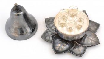 Retró kupicás készlet fém körte alakú tartóban, hibátlan poharak, m: 4 cm (6×), m:16 cm