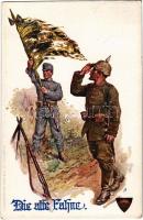Die alte Fahne / WWI Austro-Hungarian K.u.K. and German military, Viribus Unitis propaganda art postcard, the old flag + Mit Schuschnigg für ein freies Österreich? Ja! (EK)