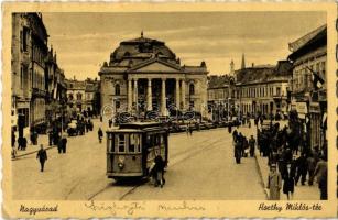 Nagyvárad, Oradea; Horthy Miklós tér, villamos, színház, üzletek, automobil / square, tram, theatre, shops, automobile (EK)