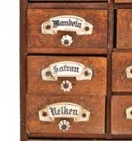 XIX. sz. vége: Antik konyhai fűszertartó szekrényke festett porcelán címkékkel és fogókkal  Egy hián...