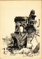 Budapest, a felrobbantott Lánchíd; Második világháború utáni romok. Felelős kiadó: Jánossy Árpád s: Pfannl Egon