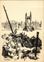 Budapest, a felrobbantott Erzsébet híd; Második világháború utáni romok. Felelős kiadó: Jánossy Árpád s: Pfannl Egon (EK)