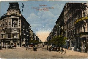 1918 Budapest VI. Andrássy út, földalatti vasút megállóhelye, lóvasút, Takarékpénztár, üzletek (vágott / cut)