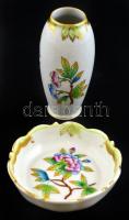 Herendi Viktória porcelán tálka és váza. Kézzel festett, jelzett, kopásokkal. d: 8 cm, m: 9 cm.