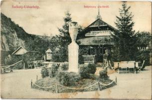 1908 Székelyudvarhely, Odorheiu Secuiesc; Solymossy sós-fürdő, jegykiadás, bor, sör és likőrök. Dragomán czég kiadása / spa with ticket office and alcohols (ragasztónyom / gleumark)