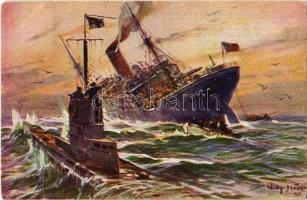 1916 Vernichtung eines engl. Handelsdampfers durch ein deutsches Unterseeboot / WWI German Navy submarine sinks a British merchant ship s: Willy Stöwer (EK)