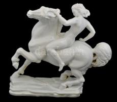 Herendi nagy méretű amazon női akt lovon. Fehér mázas, jelzett, kopásokkal.  m: 42 cm, h: 49 cm