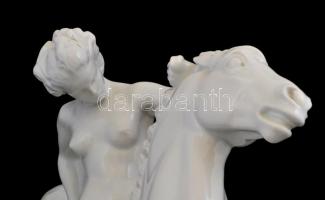 Herendi nagy méretű amazon női akt lovon. Fehér mázas, jelzett, kopásokkal.  m: 42 cm, h: 49 cm