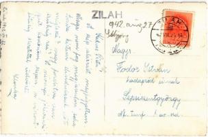 1942 Zilah, Zalau; Fő tér, templomok, Éder Géza üzlete, Gyógyszertár, autóbusz / main square, church...