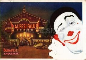 1936 Budapest XIV. Alpesi Falu Barieté az Angol parkban. Reklámlap bohóccal (15 cm x 10,3 cm) / Hungarian circus advertisement + Portó (EK)