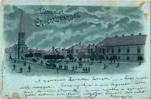 1899 Érsekújvár, Nové Zámky; Kossuth Lajos tér, templom, Szentháromság szobor. Conlegner J. és fia kiadása 1115. / square, church, Holy Trinity statue. Art Nouveau, litho (EK)