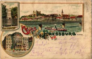 1899 Pozsony, Pressburg, Bratislava; Theater / színház, látkép, híd, vár / theatre, general view, bridge, castle. Art Nouveau, floral, litho (EK)