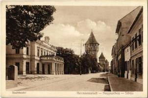 Nagyszeben, Hermannstadt, Sibiu; Stadttheater / Városi színház, torony. Emil Fischer felvétele. Jos. Drotleff kiadása / theatre, towers