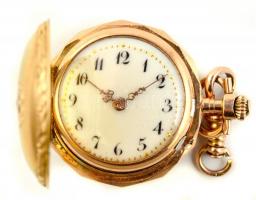 14 K női arany zsebóra. Jelzett, szép, működő állapotban, tokkal. Dupla fedeles. / Womens watch gold pocket watch with case 18,2 g