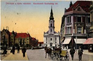 1914 Kecskemét, Szabadság tér, templom, városháza, Moskovits cipőgyár, gyógyszertár. Fekete Gyula kiadása