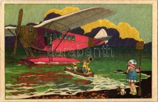 1933 Children art postcard, farewell from the boy on the hydroplane (seaplane). Degami 2265.